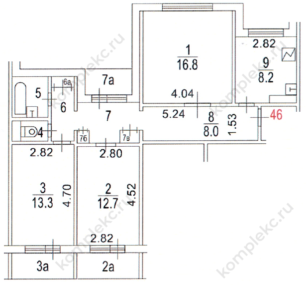План БТИ трехкомнатной квартиры серии П55