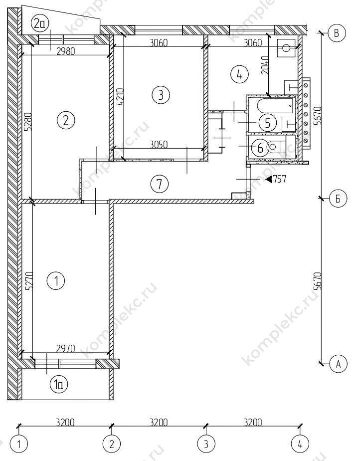 План БТИ до перепланировки в 3-х комнатной квартире серии II-57