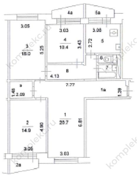План БТИ до перепланировки в 3-х комнатной квартире серии II-57