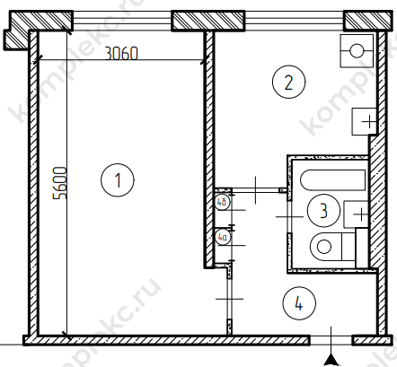 План до перепланировки в 1 комнатной квартиры в серии дома II-57