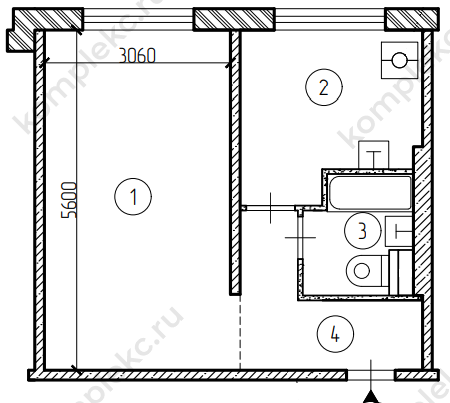План до перепланировки в 1 комнатной квартире в серии дома II-57