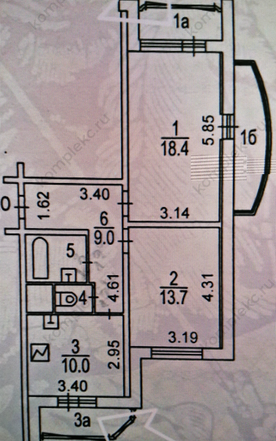 План БТИ торцевой 2-х комнатной квартиры серии дома КОПЭ