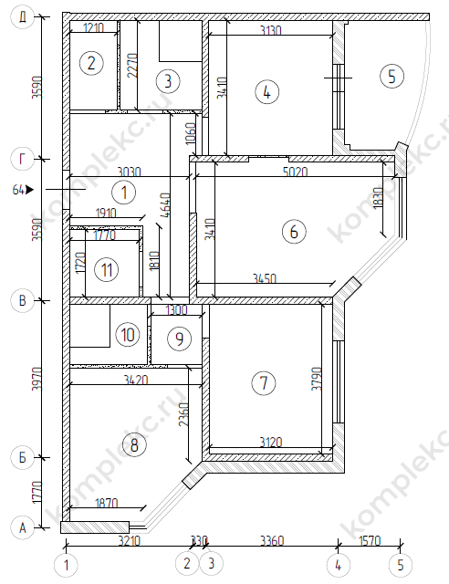 План до перепланировки в 3-х комнатной квартиры серии дома КОПЭ Парус