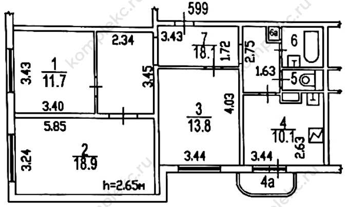 План БТИ 3-х комнатной квартиры в серии КОПЭ
