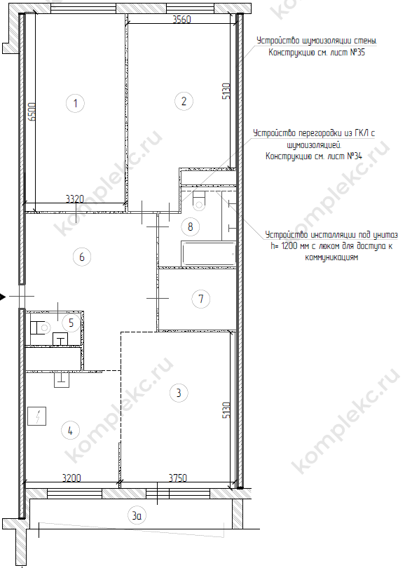 План 3-х комнатной квартиры серии дома КОПЭ широкий шаг