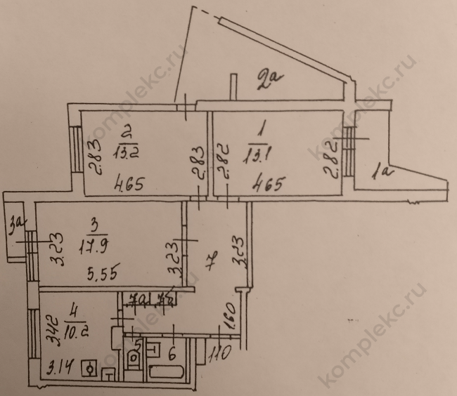 План БТИ угловой 3-х комнатной квартиры серии П3