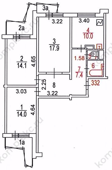 План БТИ 3-х комнатной квартиры серии П3 с красными линиями