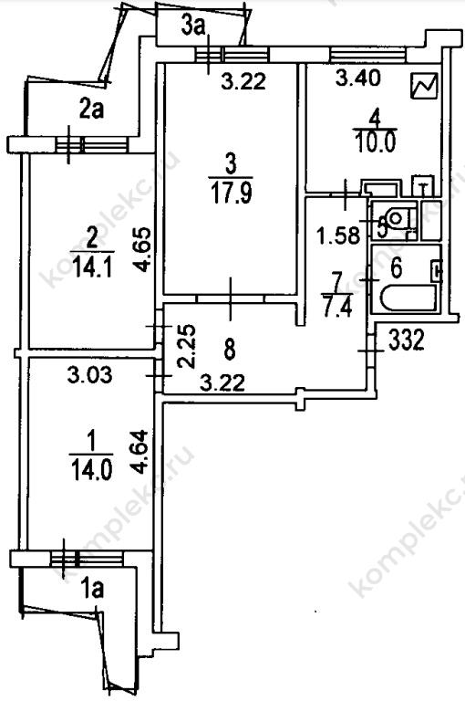 План БТИ 3-х комнатной квартиры серии П3