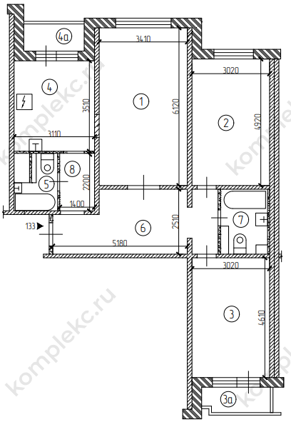 План БТИ 3-х комнатной квартиры серии дома П3М