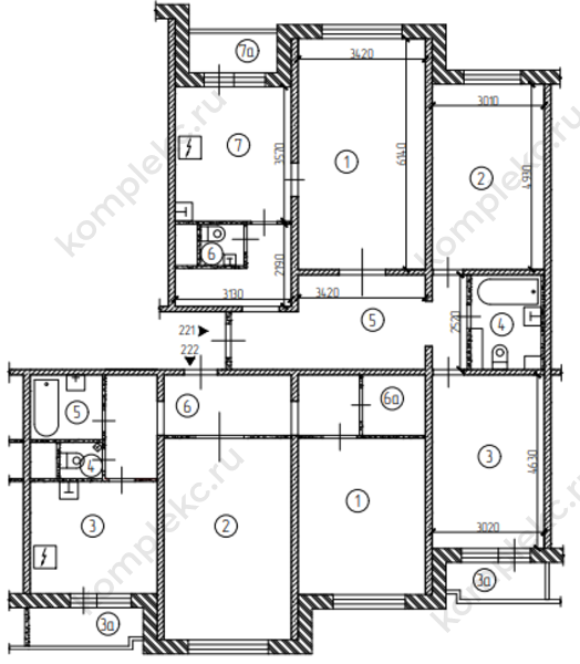 План объединенных 2-х комнатной и 3-х комнатной квартиры в доме серии П3М