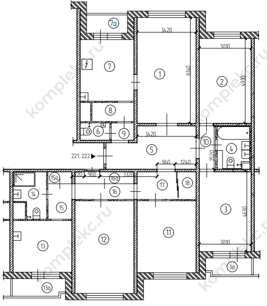 План объединенных 2-х комнатной и 3-х комнатной квартиры в доме серии П3М