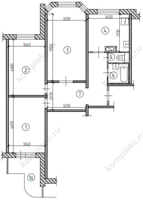 План БТИ 4-х комнатной квартиры серии П3М из проекта перепланировки