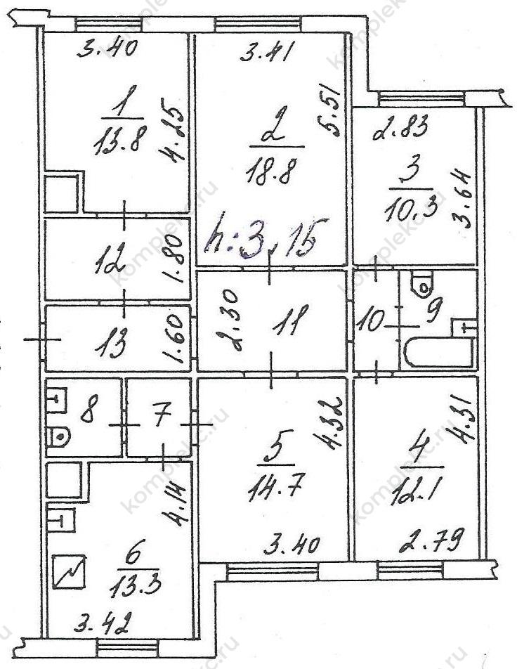 План БТИ 4-ти комнатной квартиры серии дома ПД4