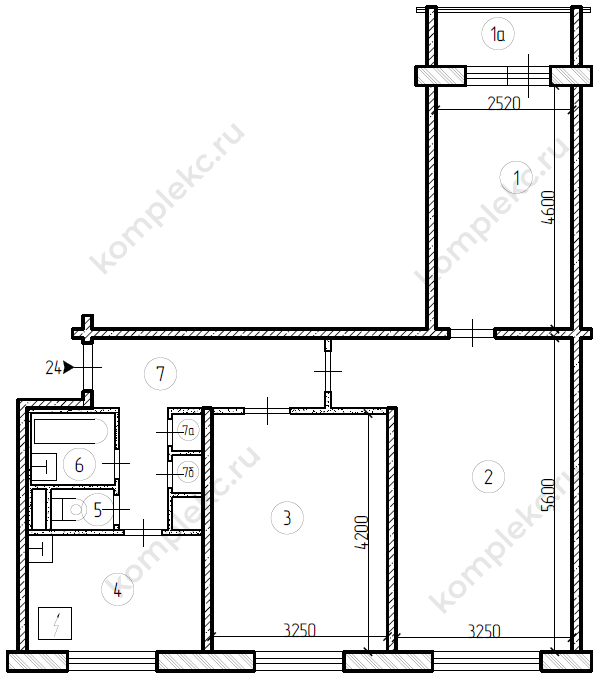 План БТИ 3-х комнатной квартиры распашонки серии дома 1605АМ