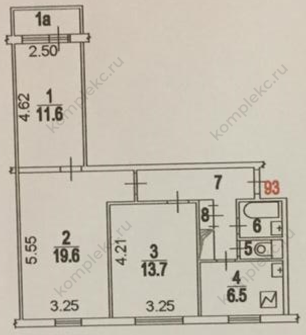 План БТИ 3-х комнатной квартиры серии дома 1605АМ