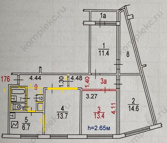 План перепланировки 3-х комнатной квартиры серии дома 1605АМ