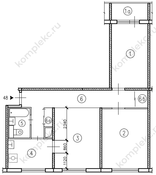 3-х комнатная квартира серии 1605АМ, план после перепланировки