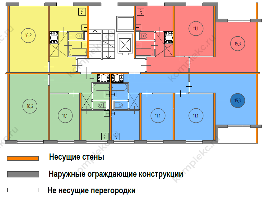 План этажа серии 1605АМ с указанием несущих стен