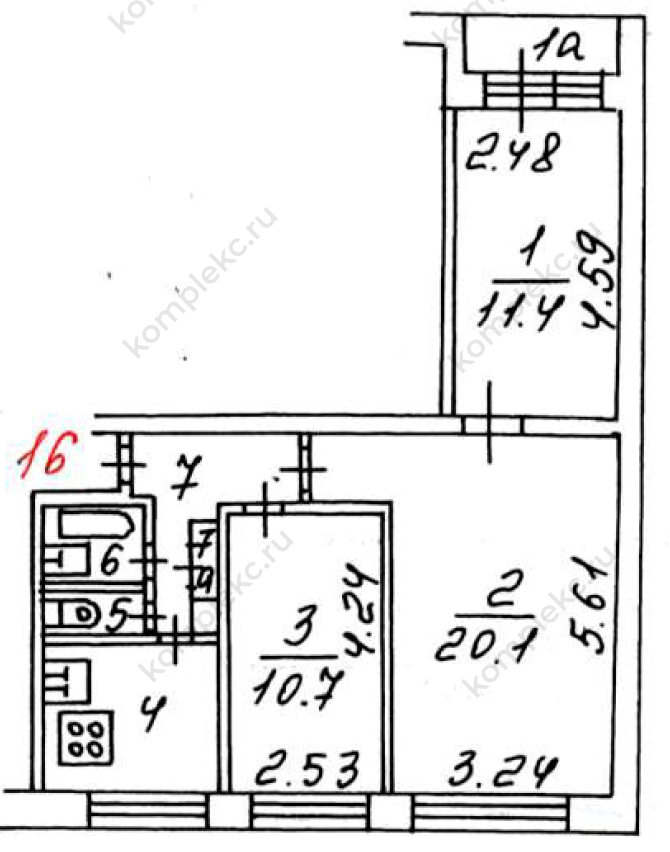 План БТИ 3-х комнатной квартиры серии дома 1605АМ