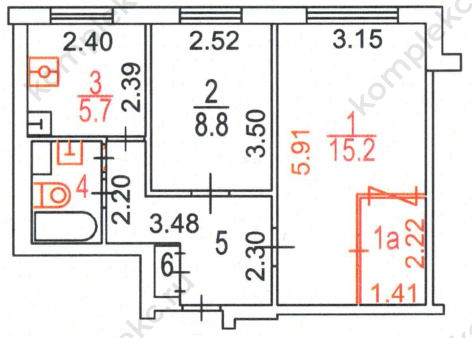 План 2-х комнатной квартиры серии II-49 c красными линиями