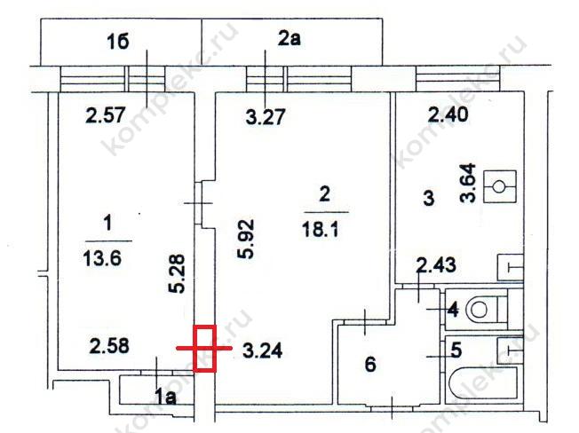 План БТИ двухкомнатной квартиры в серии II-18 с указанием проема в несущей стене