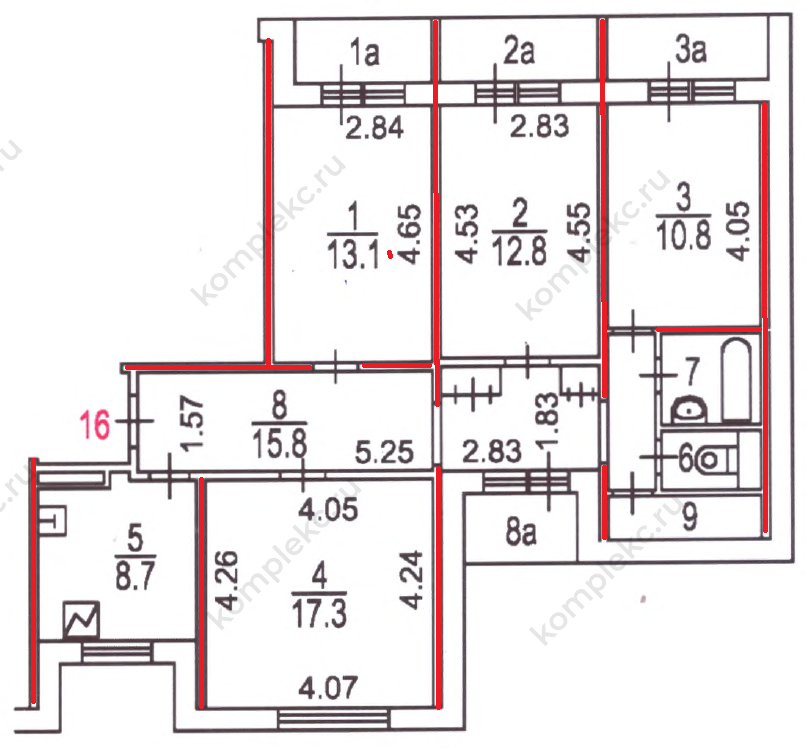 План 4-х комнатной квартиры серии П55 с указанием несущих стен