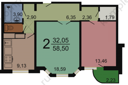 План 2-х комнатной квартиры серии П3М